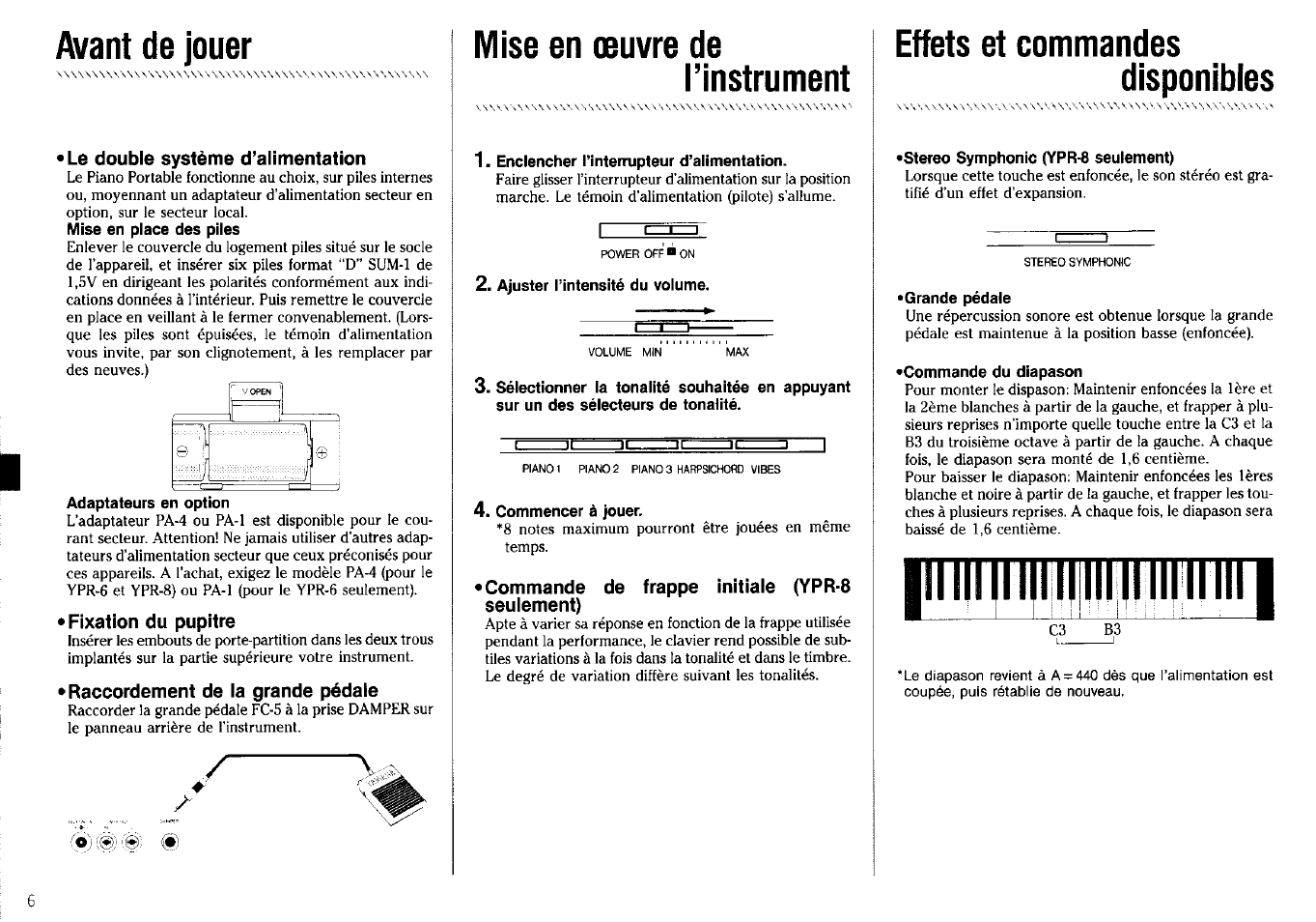 Le double système d’alimentation, Mise en place des piles, Adaptateurs en option | Fixation du pupitre, Raccordement de la grande pédale, Mise en œuvre de, Rinstrument, Enclencher llntemipteur d’alimentation, Ajuster l’intensité du volume, Commencer à jouer | Yamaha YPR-6 User Manual | Page 4 / 6