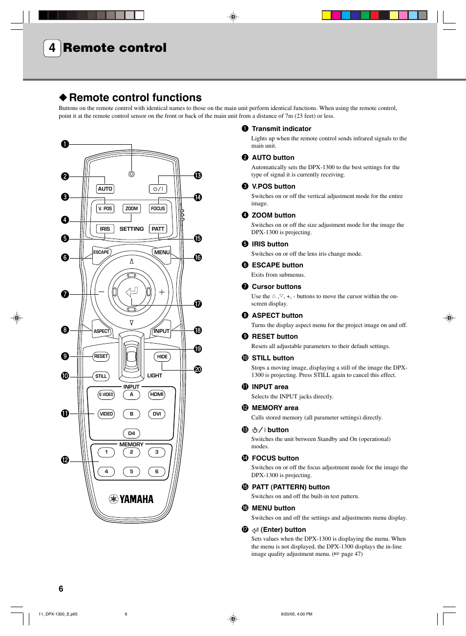 Remote control, 4 remote control, Remote control functions | Yamaha DPX-1300 User Manual | Page 10 / 70