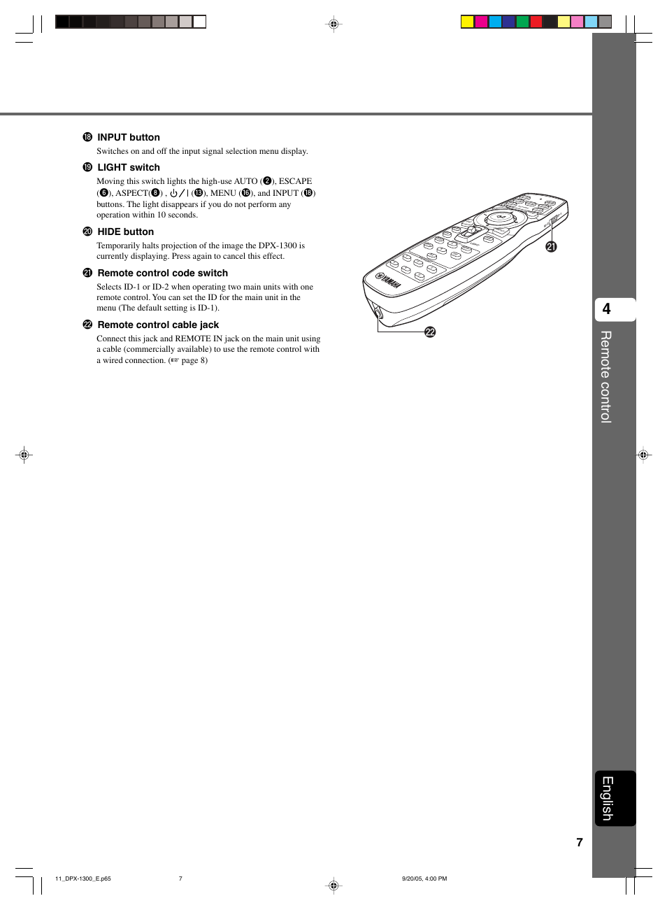 Remote control, English, I input button | O light switch, P hide button, A remote control code switch, S remote control cable jack | Yamaha DPX-1300 User Manual | Page 11 / 70