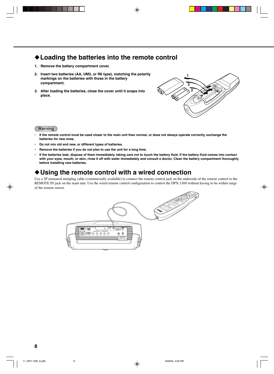 Loading the batteries into the remote control, Using the remote control with a wired connection | Yamaha DPX-1300 User Manual | Page 12 / 70