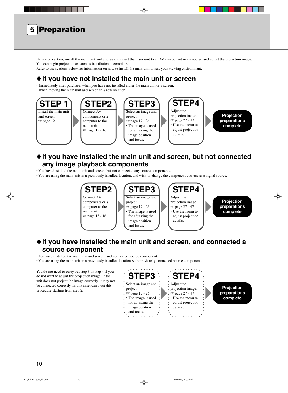 Preparation, Step3, Step4 | Step2, Step 1, 5 preparation, If you have not installed the main unit or screen | Yamaha DPX-1300 User Manual | Page 14 / 70