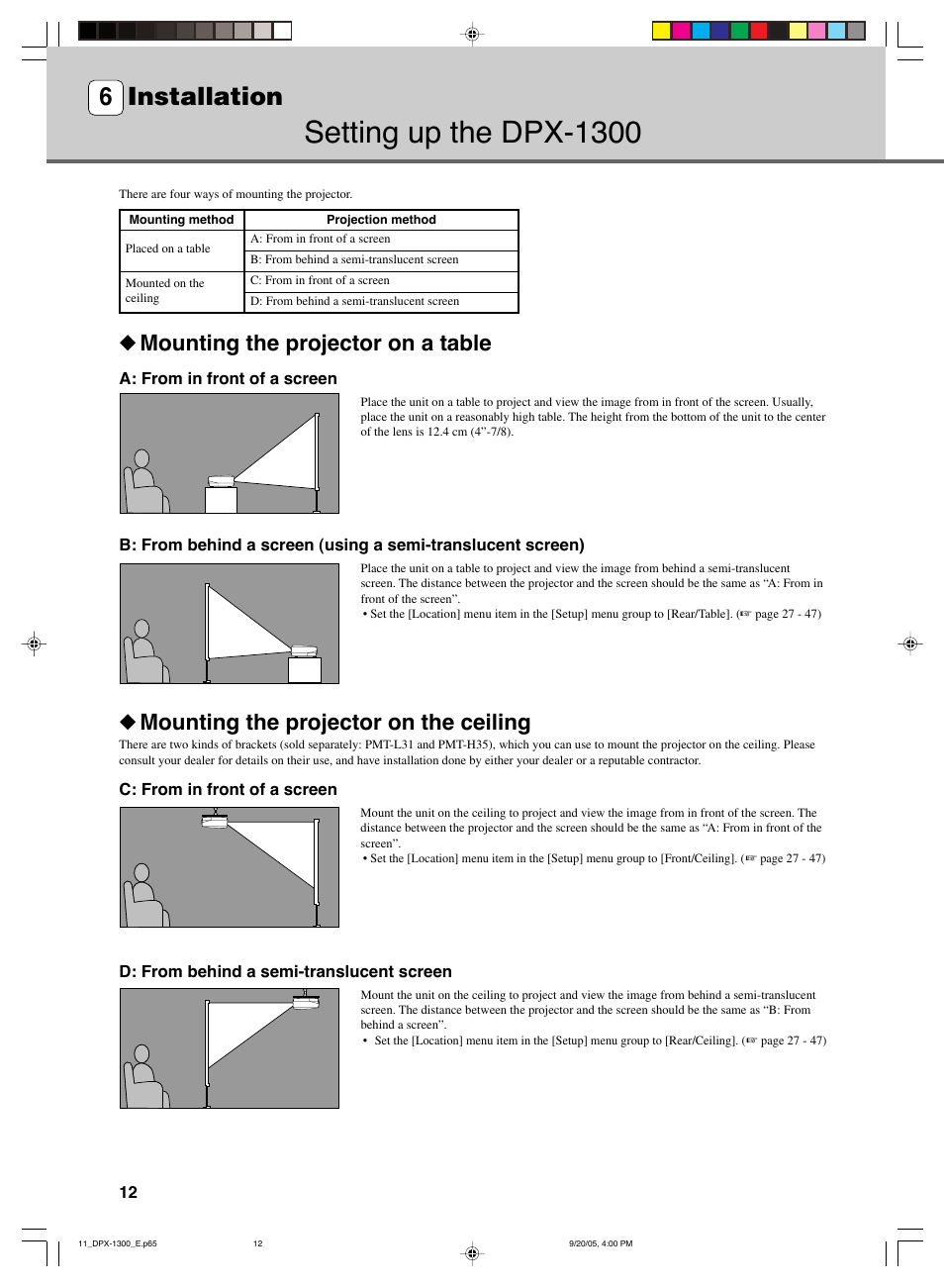 Installation, Setting up the dpx-1300, 6 installation | Mounting the projector on a table, Mounting the projector on the ceiling | Yamaha DPX-1300 User Manual | Page 16 / 70