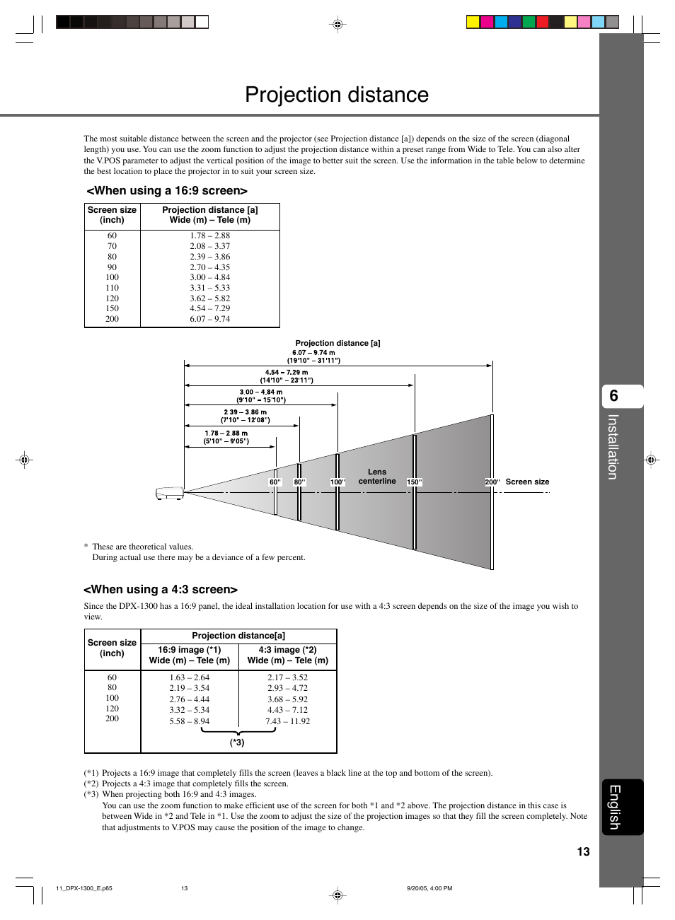 Projection distance, Installation, English | When using a 4:3 screen, When using a 16:9 screen | Yamaha DPX-1300 User Manual | Page 17 / 70