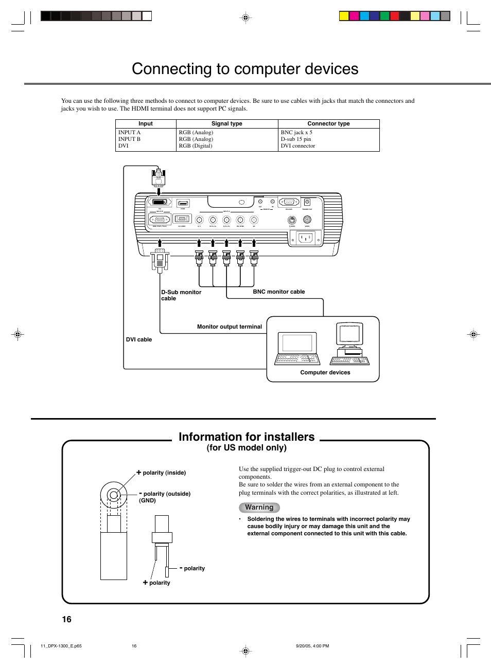 Connecting to computer devices, Information for installers, For us model only) | Warning | Yamaha DPX-1300 User Manual | Page 20 / 70