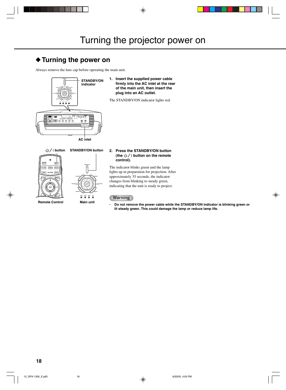 Turning the projector power on, Turning the power on, Warning | Yamaha DPX-1300 User Manual | Page 22 / 70