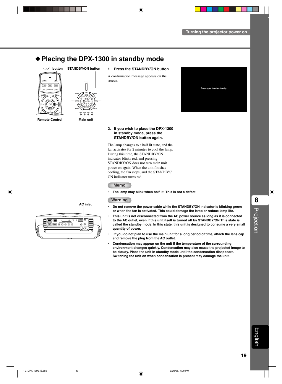 Placing the dpx-1300 in standby mode, Projection, English | Warning, Turning the projector power on | Yamaha DPX-1300 User Manual | Page 23 / 70