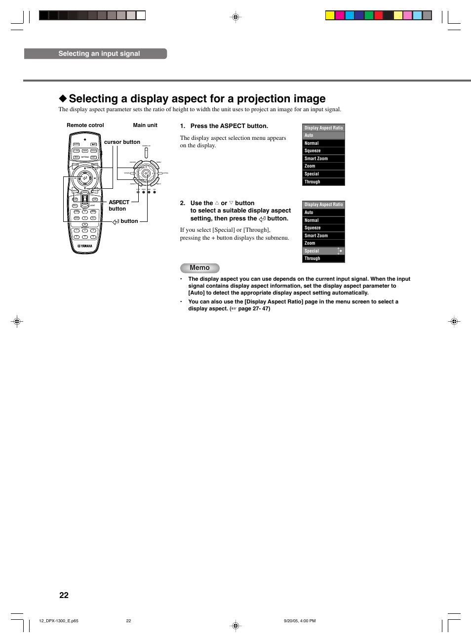 Selecting a display aspect for a projection image, Selecting an input signal | Yamaha DPX-1300 User Manual | Page 26 / 70