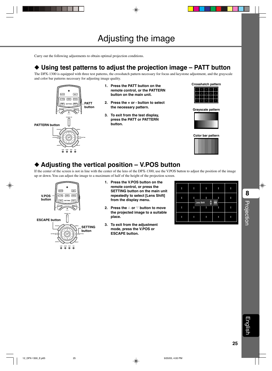 Adjusting the image, Adjusting the vertical position – v.pos button, Projection | English | Yamaha DPX-1300 User Manual | Page 29 / 70