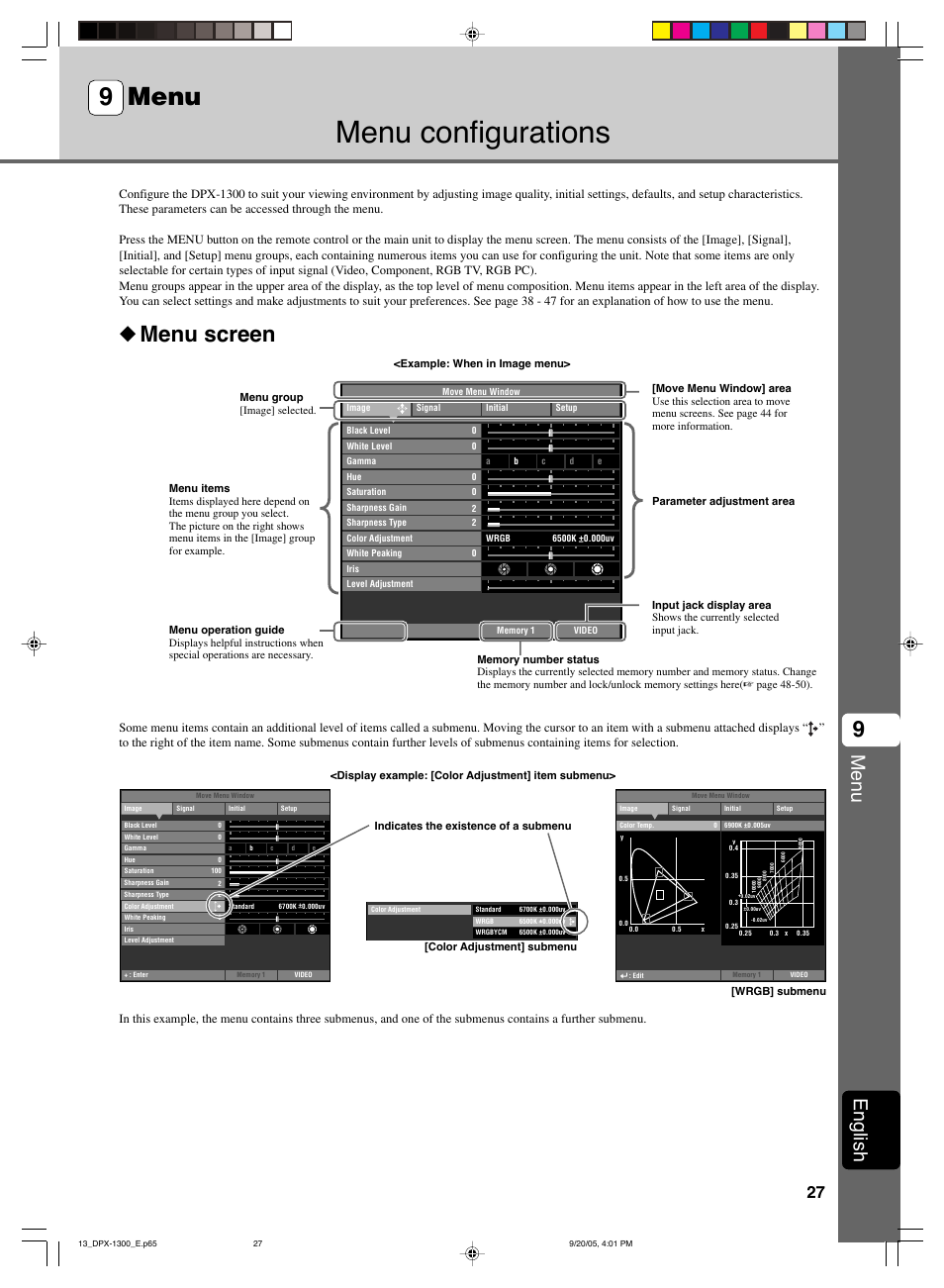 Menu, Menu configurations, 9 menu | Menu screen, English | Yamaha DPX-1300 User Manual | Page 31 / 70