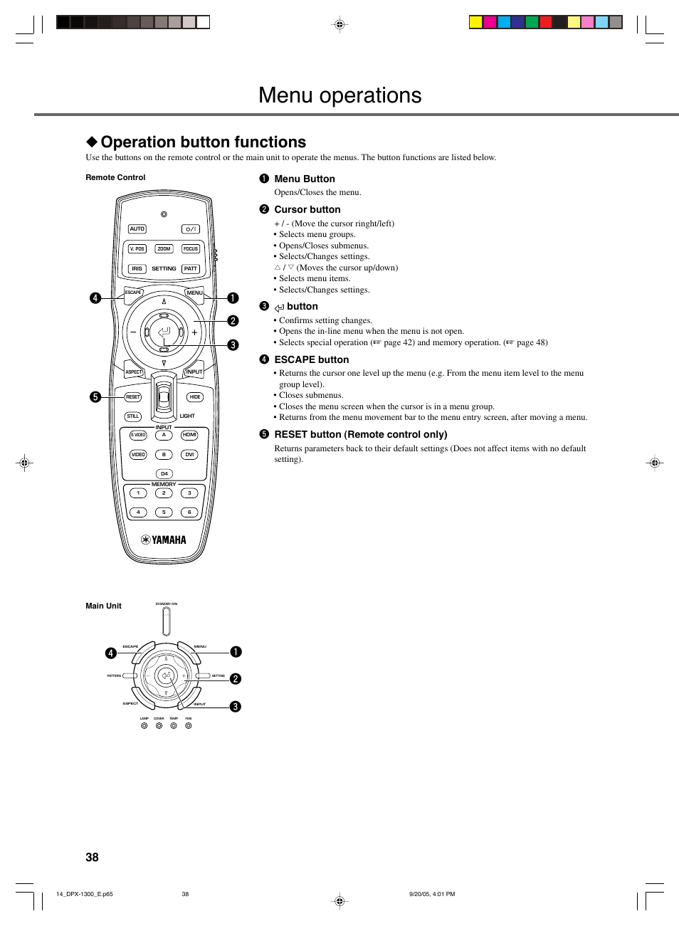 Menu operations, Operation button functions, 1 menu button | 2 cursor button, 3button, 4 escape button, 5 reset button (remote control only) | Yamaha DPX-1300 User Manual | Page 42 / 70