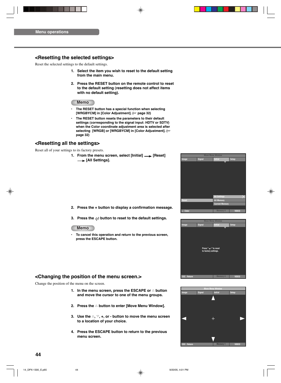 44 <resetting the selected settings, Resetting all the settings, Changing the position of the menu screen | Menu operations | Yamaha DPX-1300 User Manual | Page 48 / 70