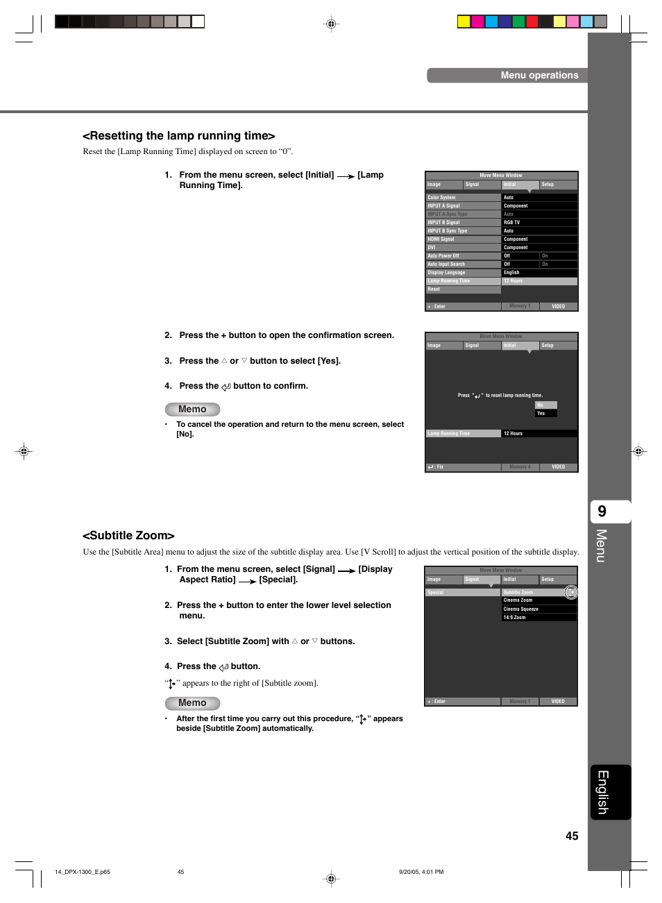 Menu, English, Resetting the lamp running time | Subtitle zoom, Menu operations | Yamaha DPX-1300 User Manual | Page 49 / 70