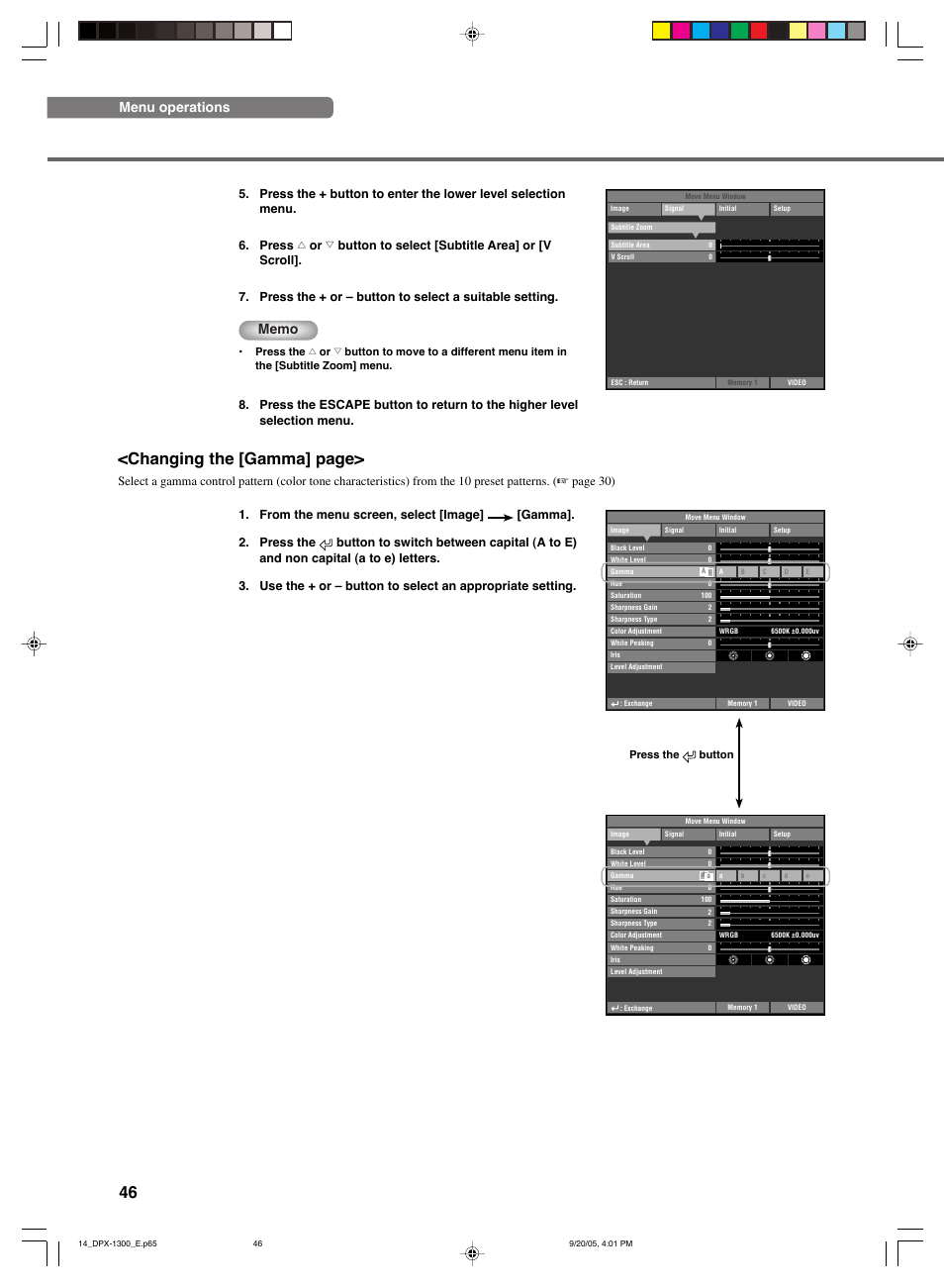 Changing the [gamma] page, Menu operations | Yamaha DPX-1300 User Manual | Page 50 / 70