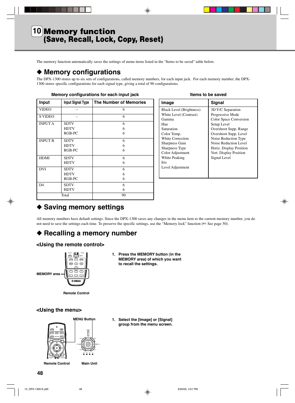 Memory function (save, recall, lock, copy, reset), Using the remote control, Using the menu | Signal, Input signal type input | Yamaha DPX-1300 User Manual | Page 52 / 70