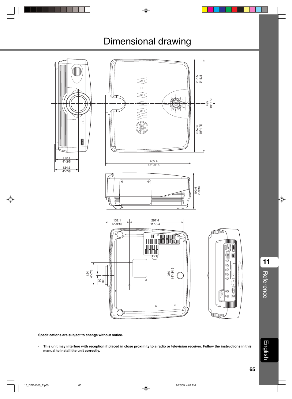 Dimensional drawing, Reference, English | Yamaha DPX-1300 User Manual | Page 69 / 70