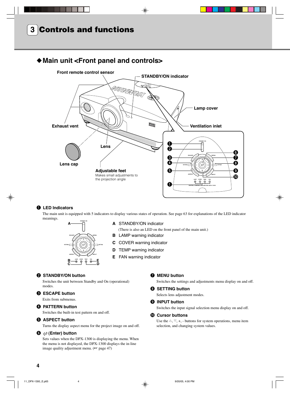 Controls and functions, 3 controls and functions, Main unit <front panel and controls | 2 standby/on button, 3 escape button, 4 pattern button, 5 aspect button, 6(enter) button, 1 led indicators, 7 menu button | Yamaha DPX-1300 User Manual | Page 8 / 70