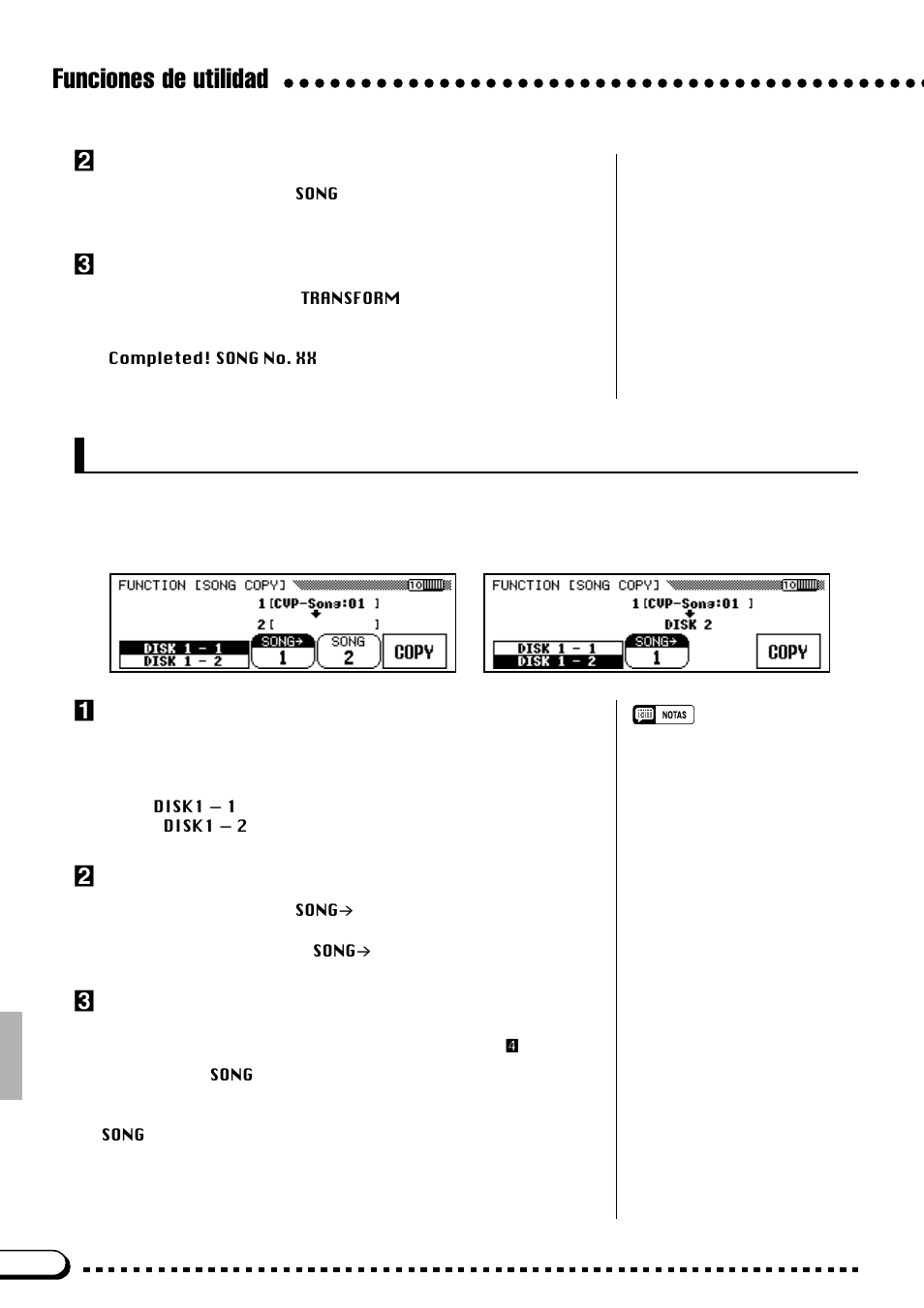 Funciones de utilidad, Copia, Seleccione el número de canción a convertirse | Inicie la conversión, Seleccione la canción de la fuente, Seleccione la canción de destino | Yamaha CVP-69A FR User Manual | Page 105 / 163