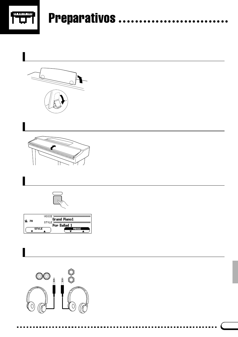 Preparativos, El atril, Auriculares | Cubierta del teclado, Interruptor de la alimentación | Yamaha CVP-69A FR User Manual | Page 6 / 163