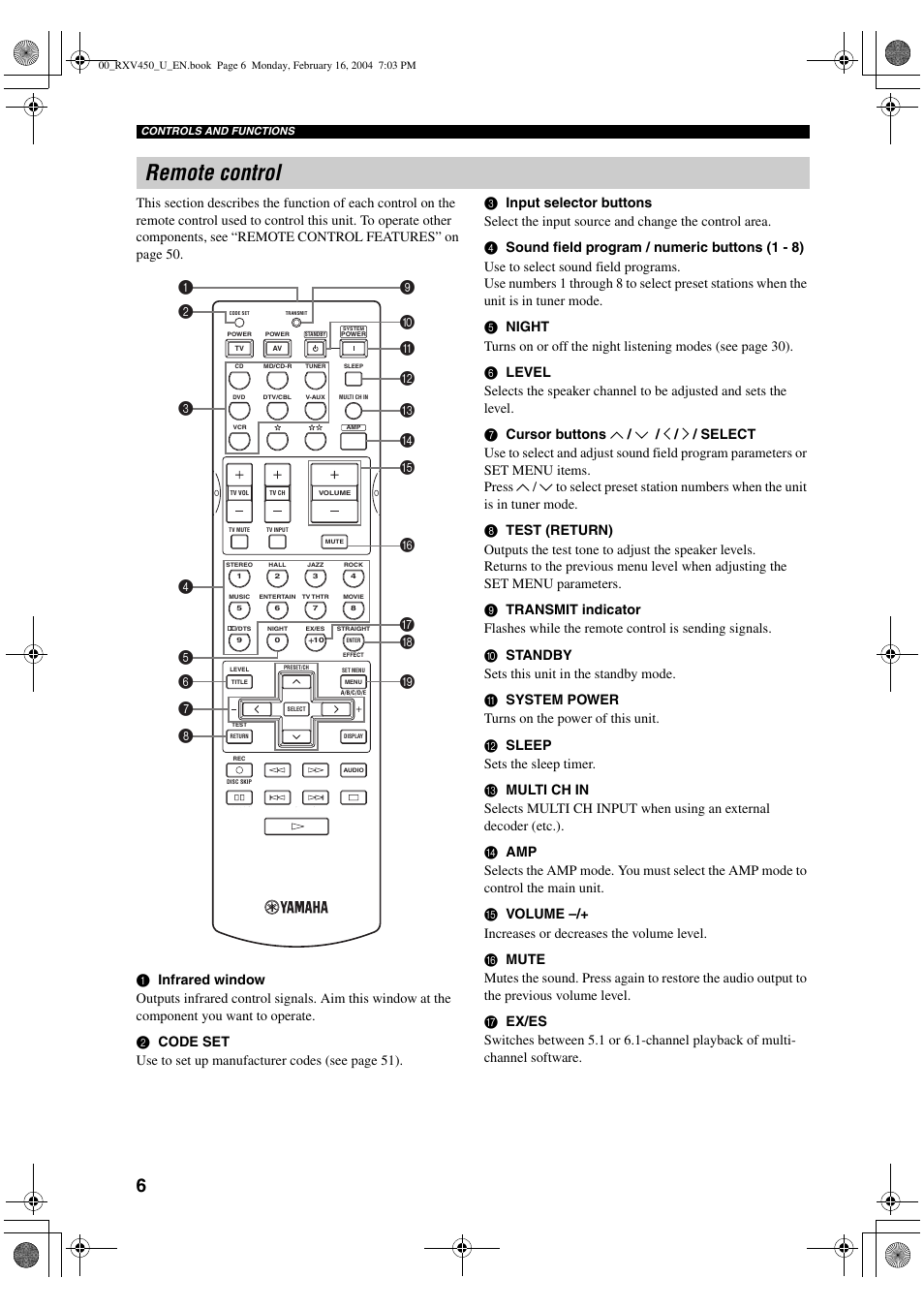 Remote control | Yamaha RX-V450 User Manual | Page 10 / 75