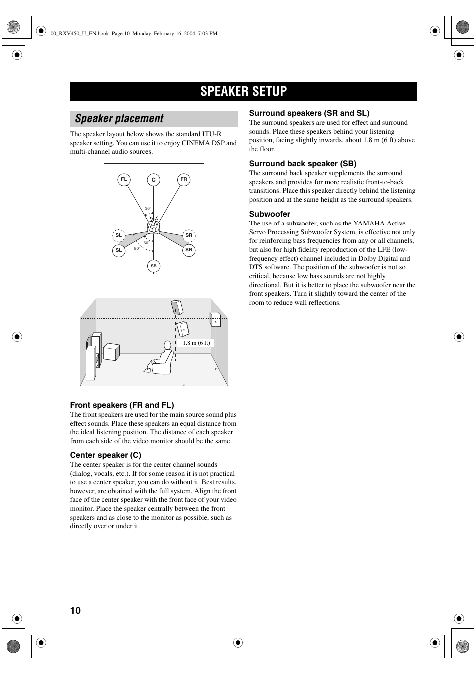 Preparation, Speaker setup, Speaker placement | Yamaha RX-V450 User Manual | Page 14 / 75
