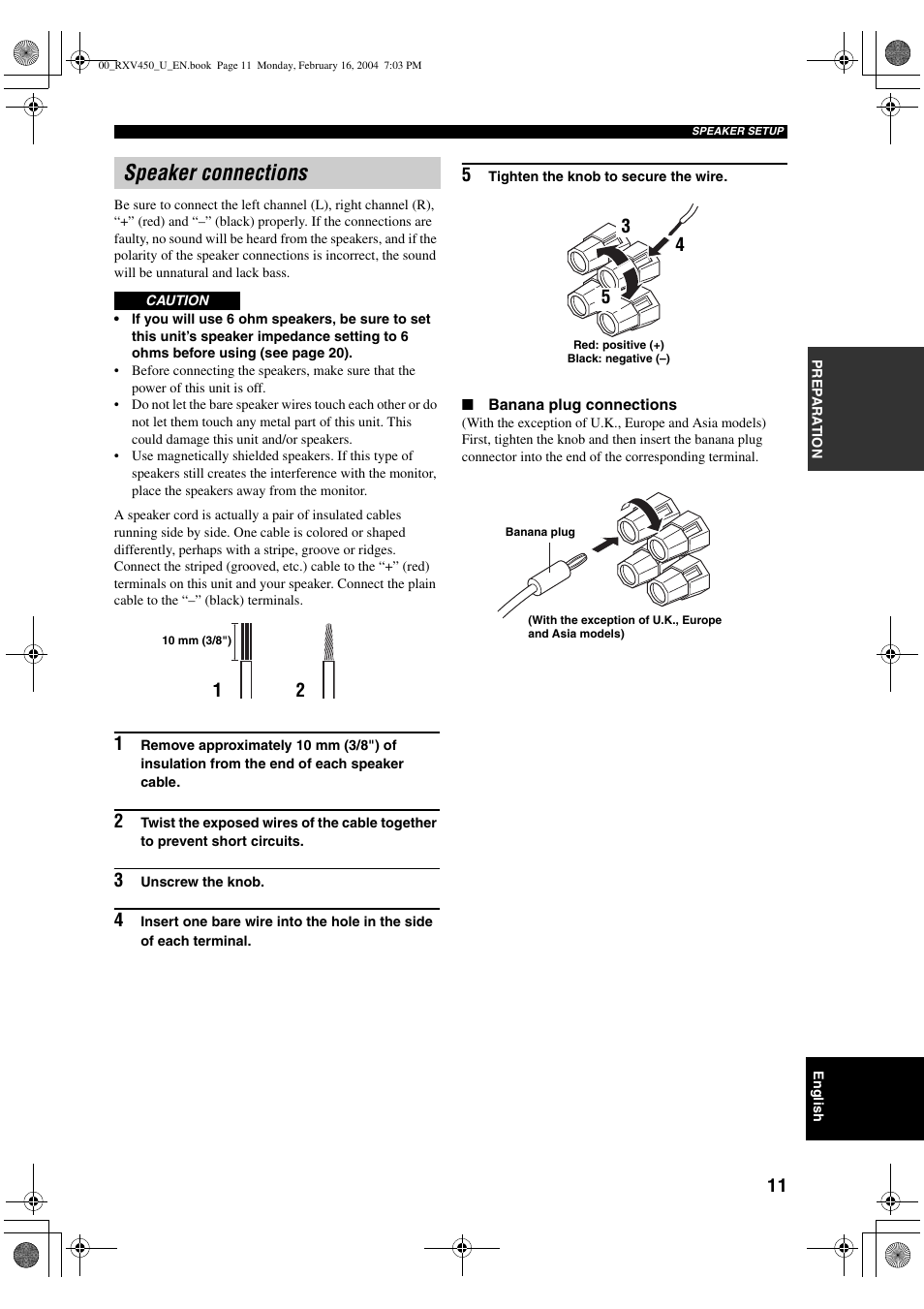 Speaker connections | Yamaha RX-V450 User Manual | Page 15 / 75