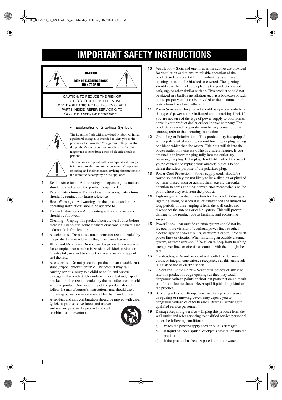 Important safety instructions | Yamaha RX-V450 User Manual | Page 2 / 75