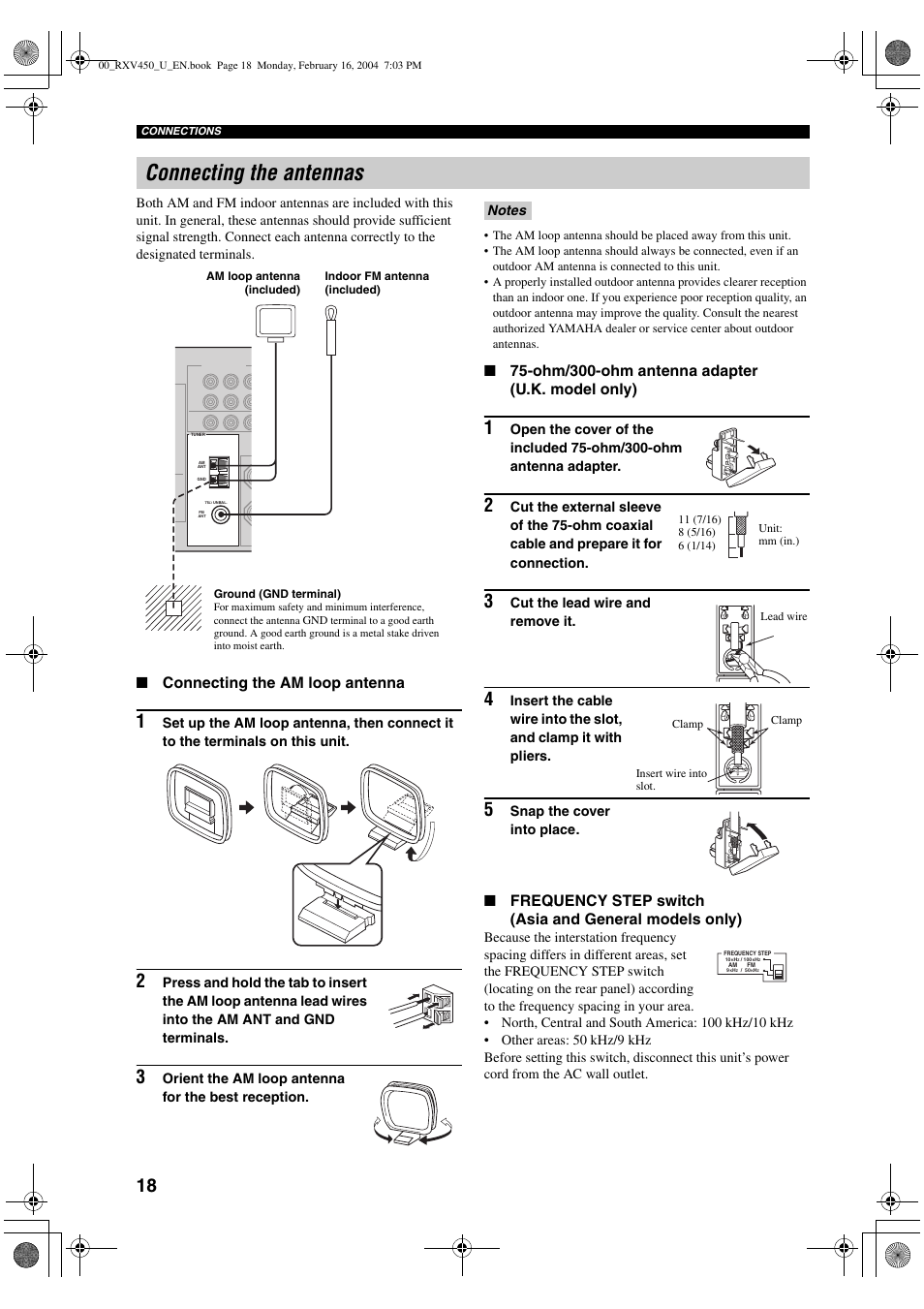 Connecting the antennas, Connecting the am loop antenna, Ohm/300-ohm antenna adapter (u.k. model only) | Orient the am loop antenna for the best reception, Cut the lead wire and remove it, Snap the cover into place | Yamaha RX-V450 User Manual | Page 22 / 75