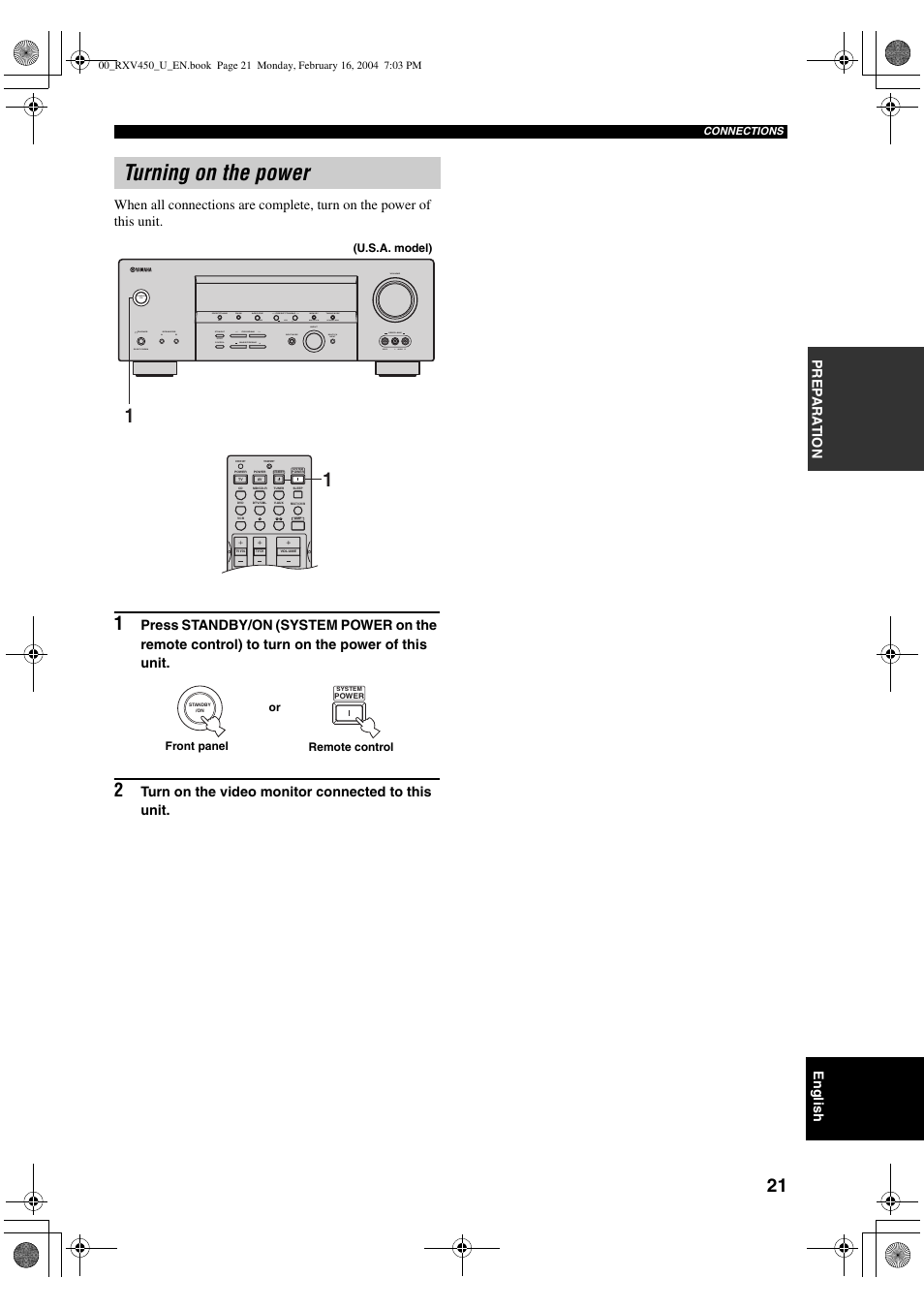 Turning on the power | Yamaha RX-V450 User Manual | Page 25 / 75