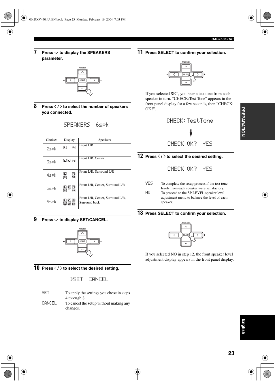 Speakers 6spk 9, Set cancel, Check:testtone check ok? yes 12 | Check ok? yes | Yamaha RX-V450 User Manual | Page 27 / 75