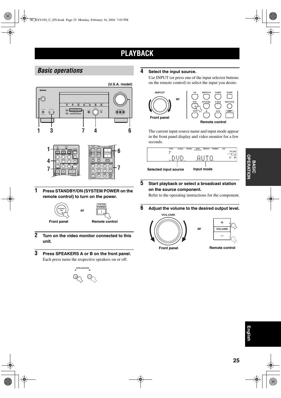 Basic operation, Playback, Basic operations | 01 d dvd d auto 00, English ba s ic opera t ion, Turn on the video monitor connected to this unit, Adjust the volume to the desired output level | Yamaha RX-V450 User Manual | Page 29 / 75