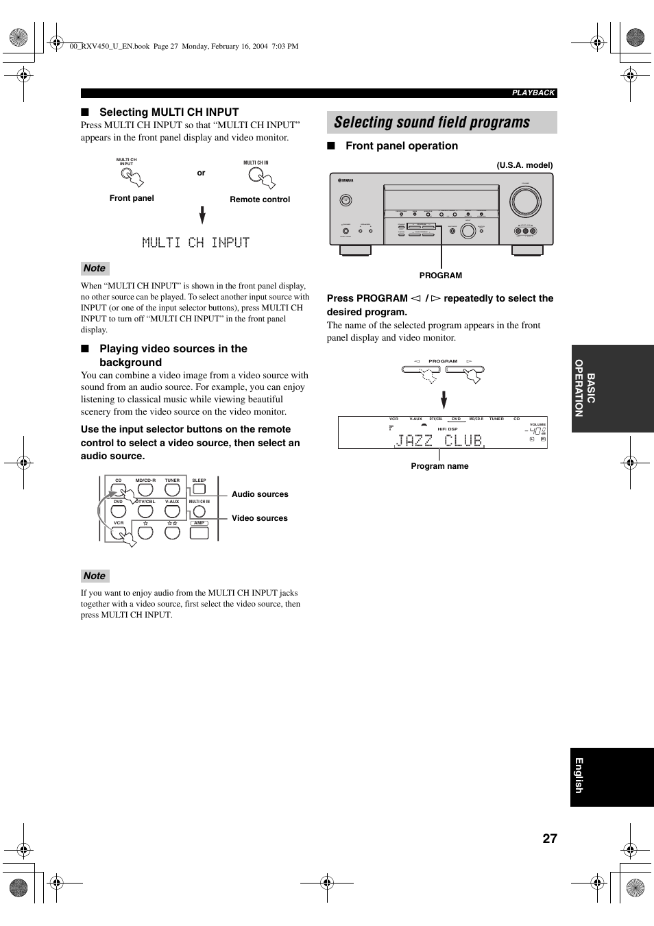Selecting sound field programs, 01 d jazz a club o00, Multi ch input | Selecting multi ch input, Playing video sources in the background, Front panel operation, English, Ba s ic opera t ion | Yamaha RX-V450 User Manual | Page 31 / 75