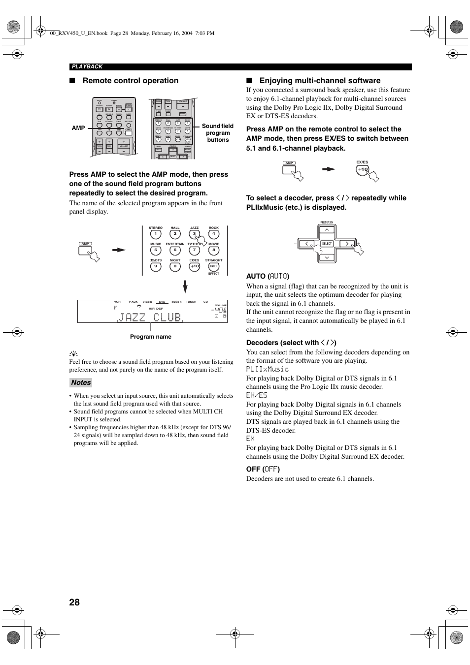 01 d jazz a club o00, Remote control operation, Enjoying multi-channel software | Sound field program buttons amp, Program name, Playback | Yamaha RX-V450 User Manual | Page 32 / 75