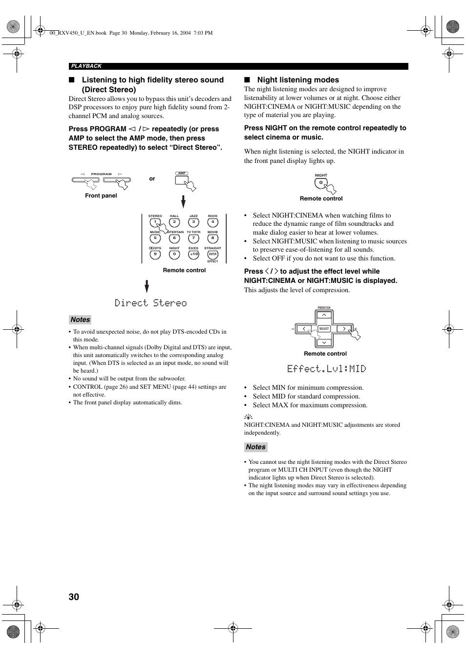 Direct stereo, Effect.lvl:mid, Night listening modes | Yamaha RX-V450 User Manual | Page 34 / 75