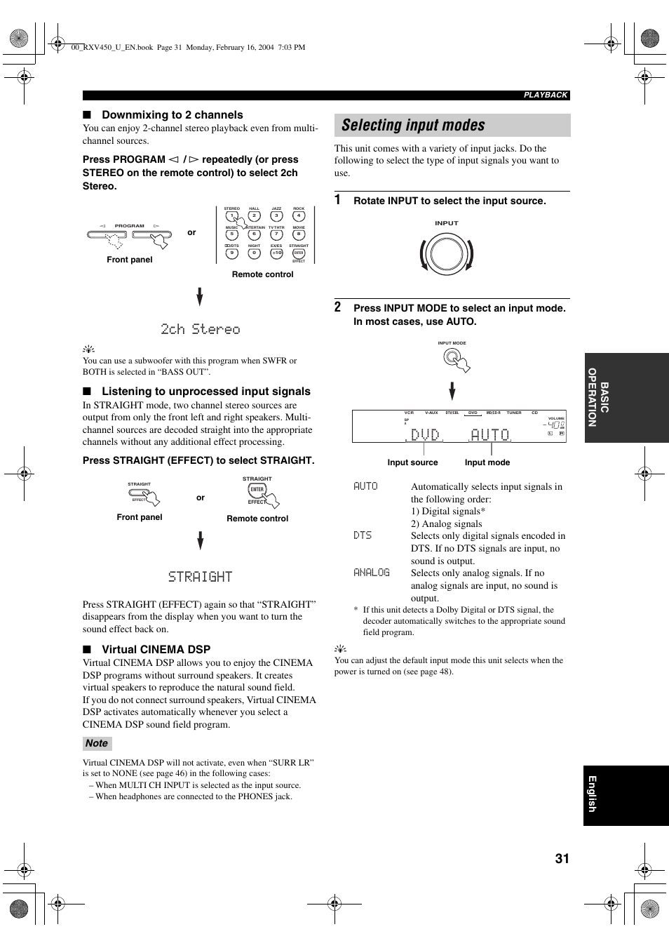 Selecting input modes, 01 d dvd d auto 00, 2ch stereo | Straight, Downmixing to 2 channels, Listening to unprocessed input signals, Virtual cinema dsp, English, Ba s ic opera t ion, Rotate input to select the input source | Yamaha RX-V450 User Manual | Page 35 / 75