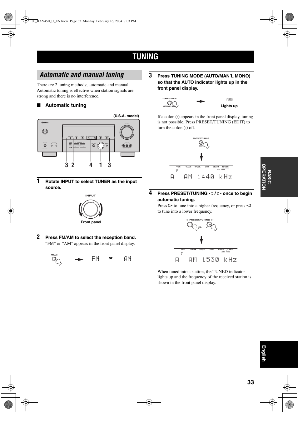 Tuning, Automatic and manual tuning, Am fm | Yamaha RX-V450 User Manual | Page 37 / 75