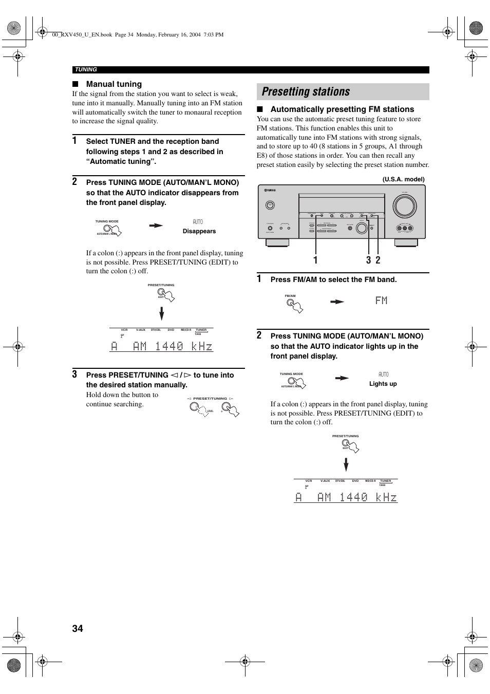 Presetting stations, Manual tuning, Automatically presetting fm stations | Yamaha RX-V450 User Manual | Page 38 / 75