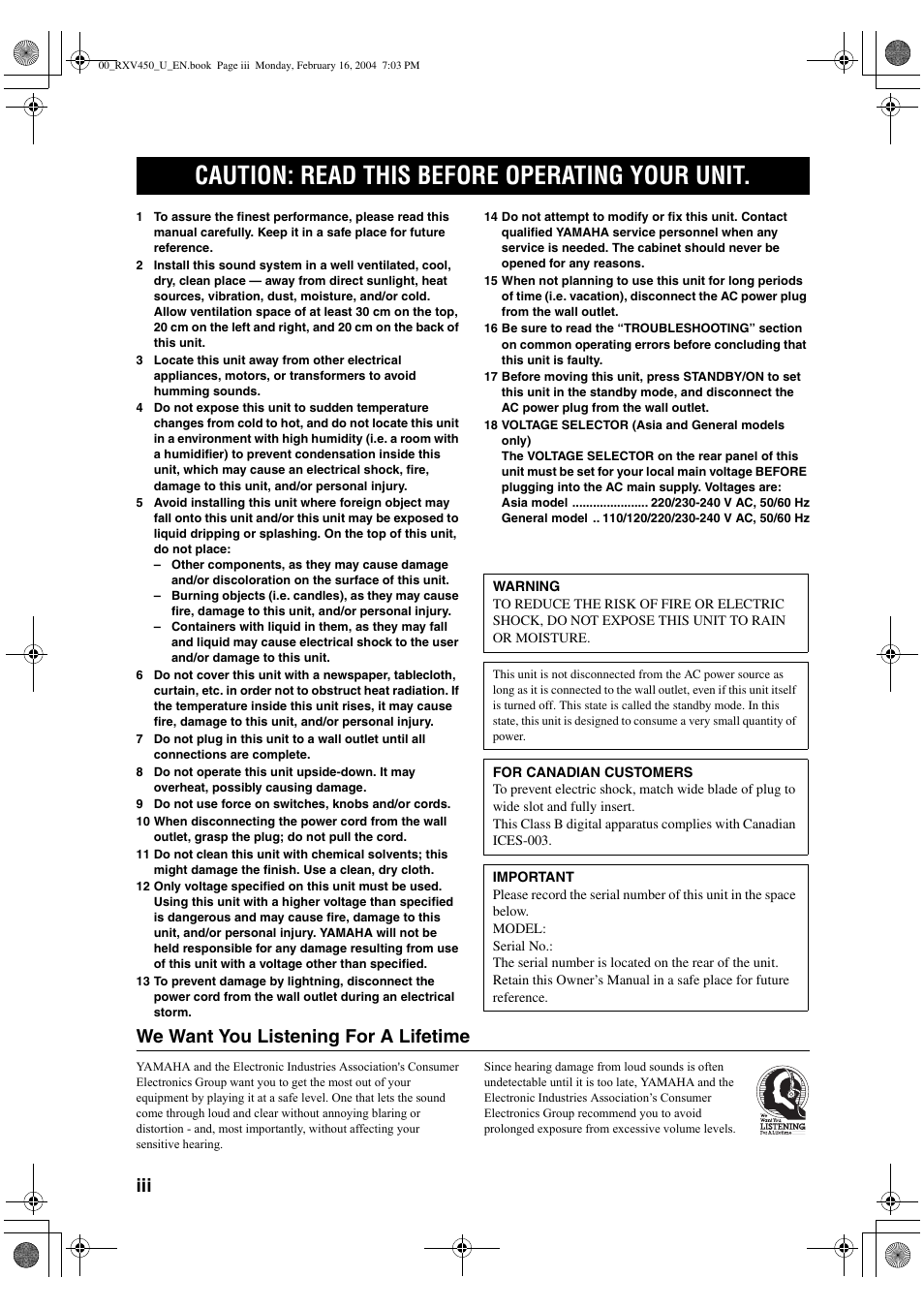 Caution: read this before operating your unit, We want you listening for a lifetime | Yamaha RX-V450 User Manual | Page 4 / 75