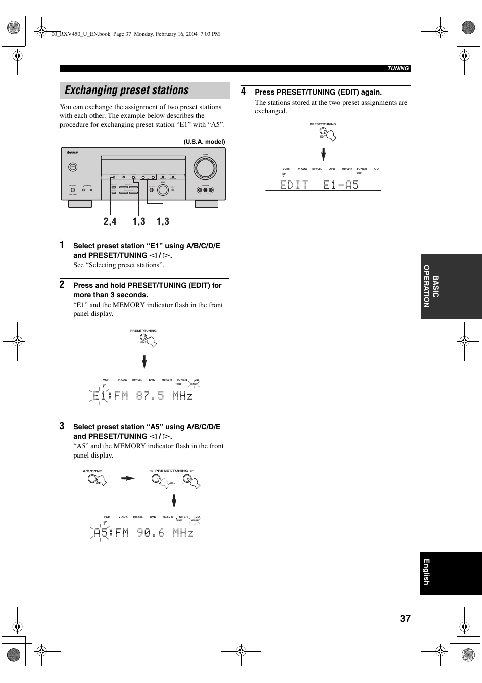 Exchanging preset stations, English | Yamaha RX-V450 User Manual | Page 41 / 75