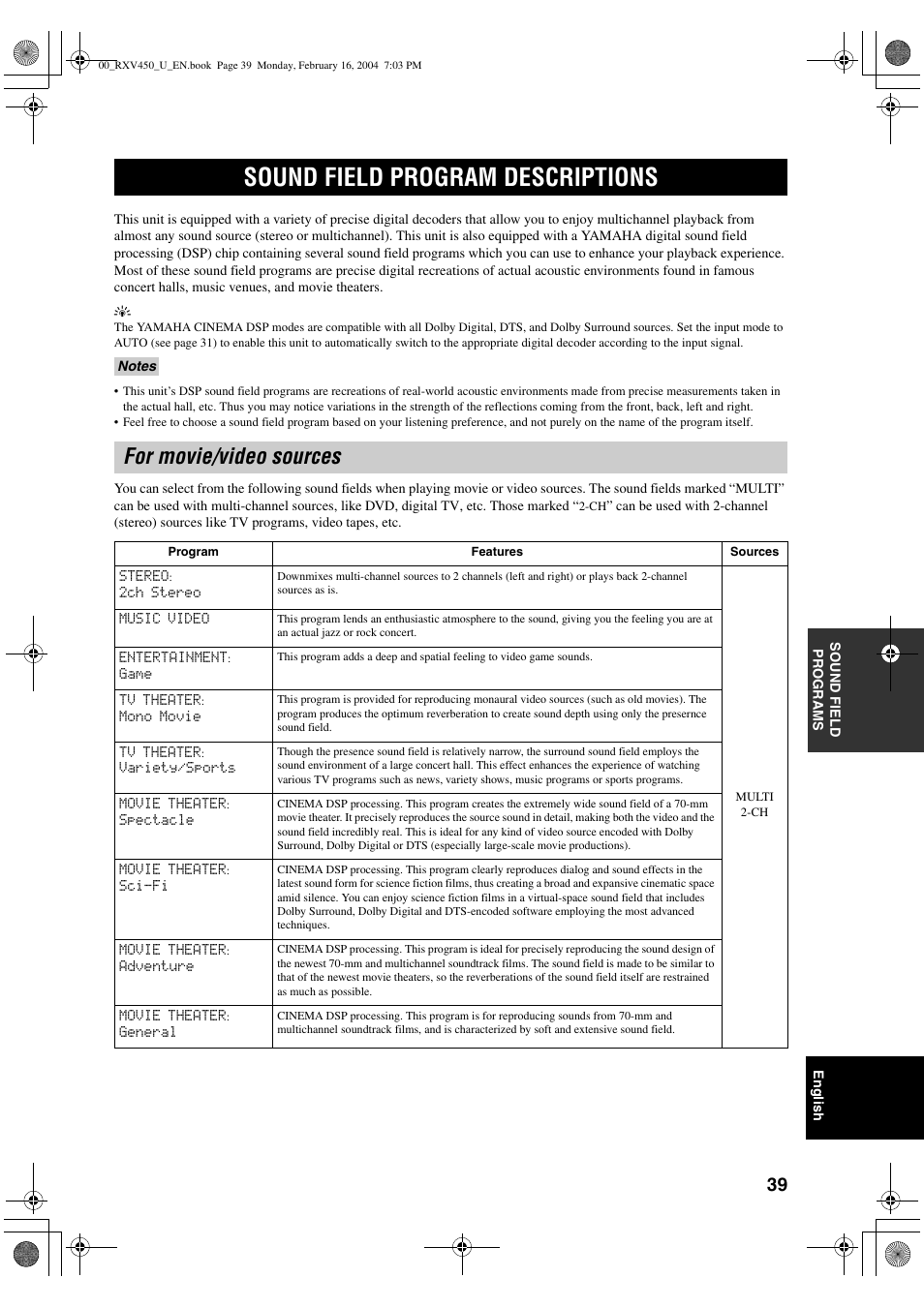 Sound field programs, Sound field program descriptions, For movie/video sources | Yamaha RX-V450 User Manual | Page 43 / 75