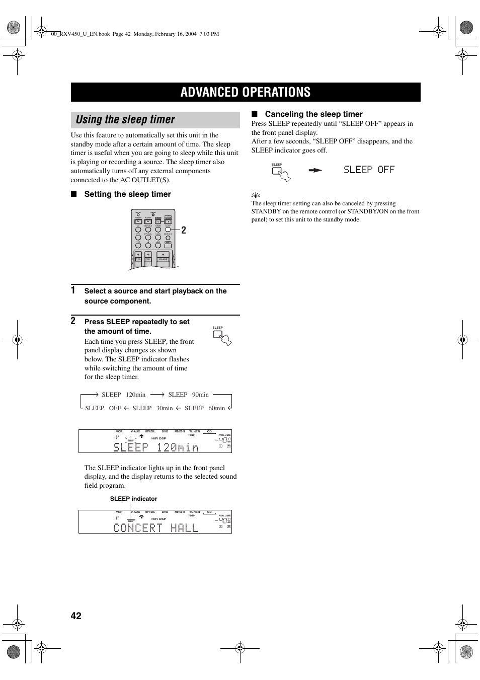 Advanced operation, Advanced operations, Using the sleep timer | E1 concert 2 hall z, Sleep off, Setting the sleep timer, Canceling the sleep timer, Sleep indicator | Yamaha RX-V450 User Manual | Page 46 / 75