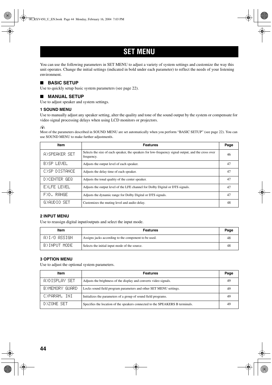 Set menu | Yamaha RX-V450 User Manual | Page 48 / 75