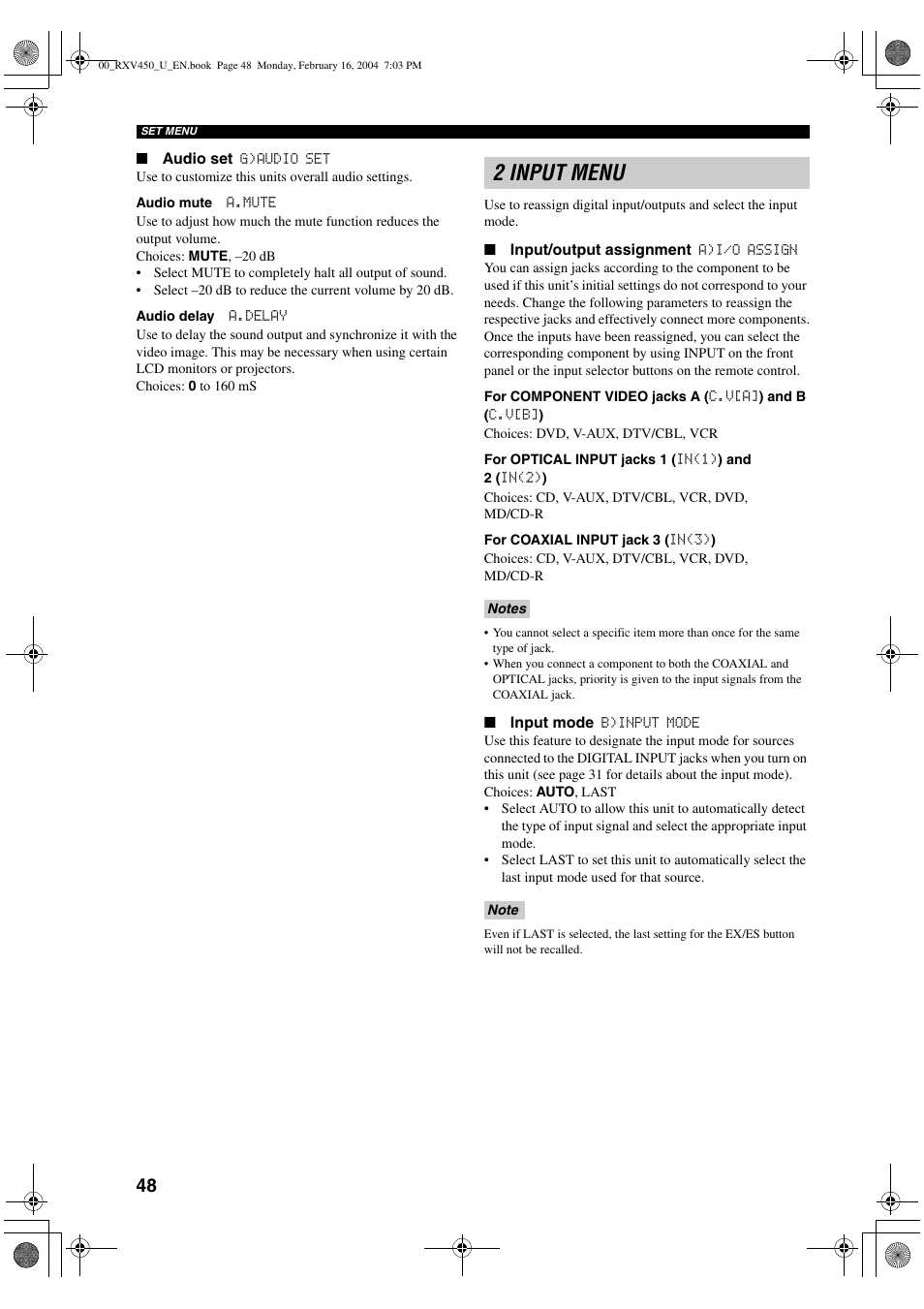 2 input menu | Yamaha RX-V450 User Manual | Page 52 / 75