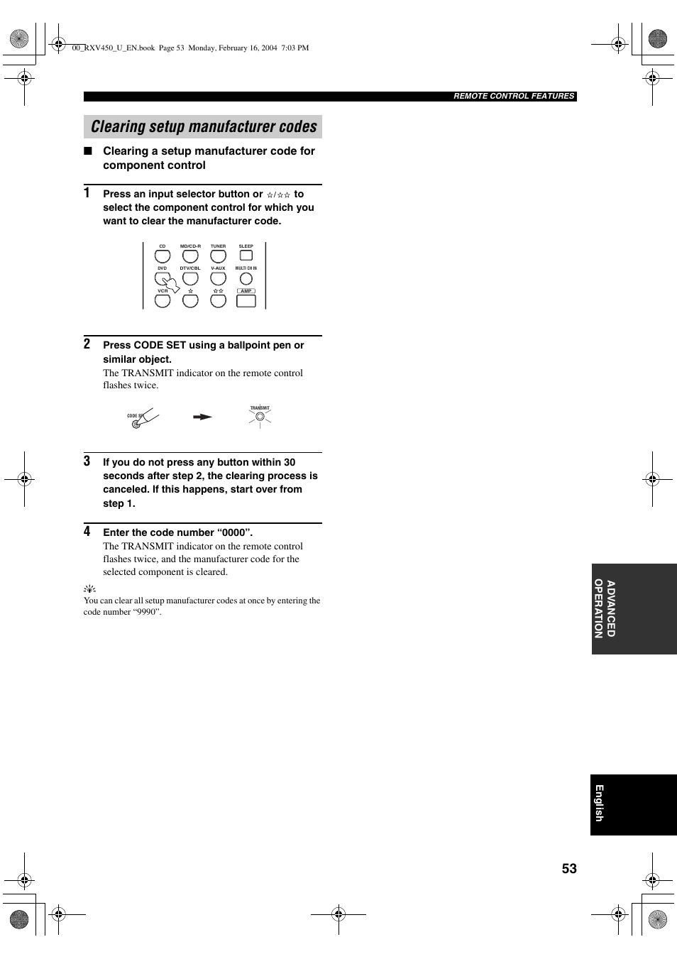 Clearing setup manufacturer codes | Yamaha RX-V450 User Manual | Page 57 / 75