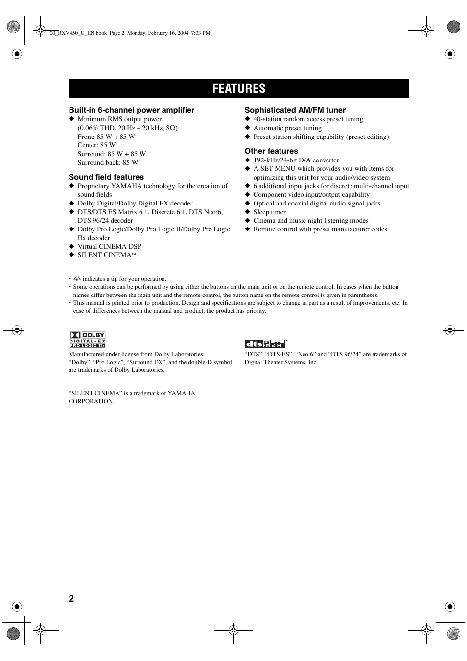 Features | Yamaha RX-V450 User Manual | Page 6 / 75