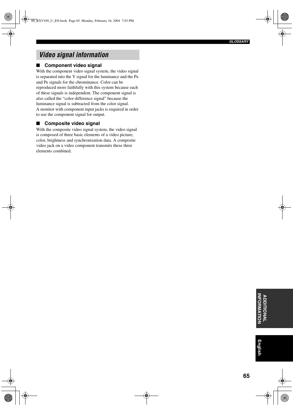 Video signal information | Yamaha RX-V450 User Manual | Page 69 / 75