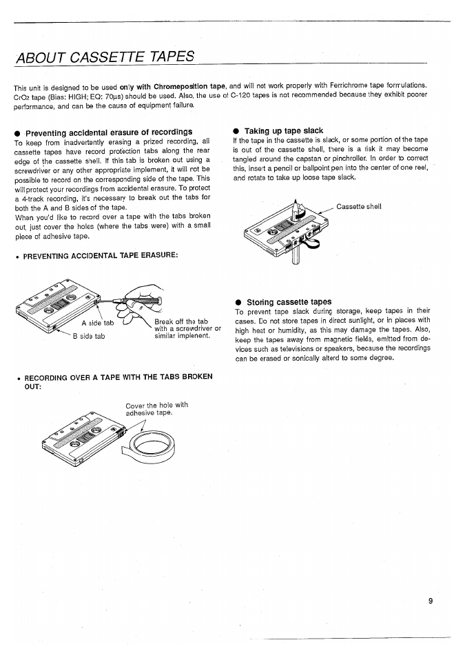 About cassette tapes, Preventing accidental erasure of recordings, Taking up tape slack | Storing cassette tapes | Yamaha MT100II User Manual | Page 11 / 80