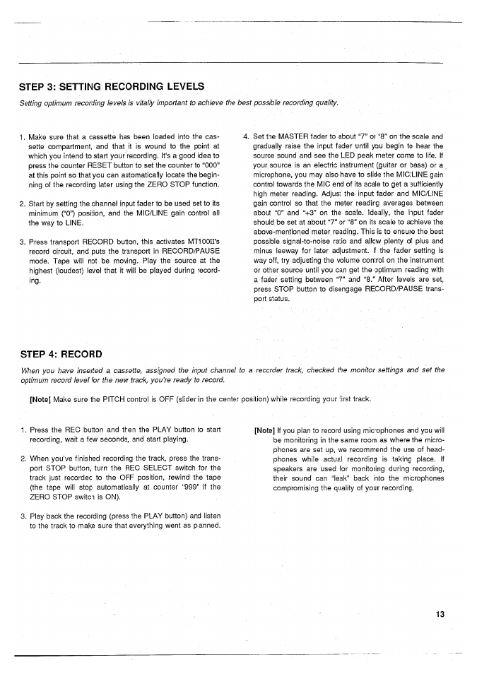 Step 3: setting recording levels, Step 4: record, Step | Record | Yamaha MT100II User Manual | Page 15 / 80