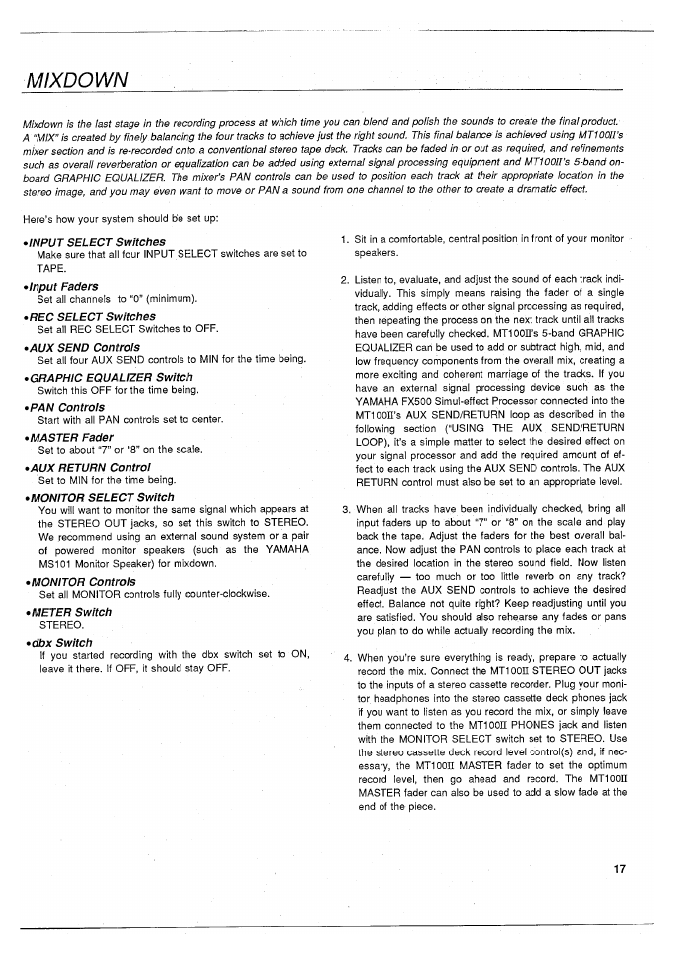 Mixdown, Input select switches, Input faders | Rec select switches, Aux send controls, Graphic equalizer switch, Pan controls, Master fader, Aux return control, Monitor select switch | Yamaha MT100II User Manual | Page 19 / 80