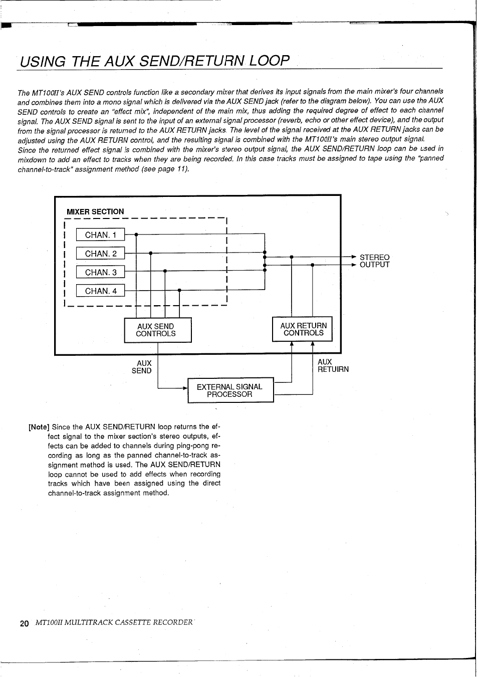 Using the aux send/return loop | Yamaha MT100II User Manual | Page 22 / 80