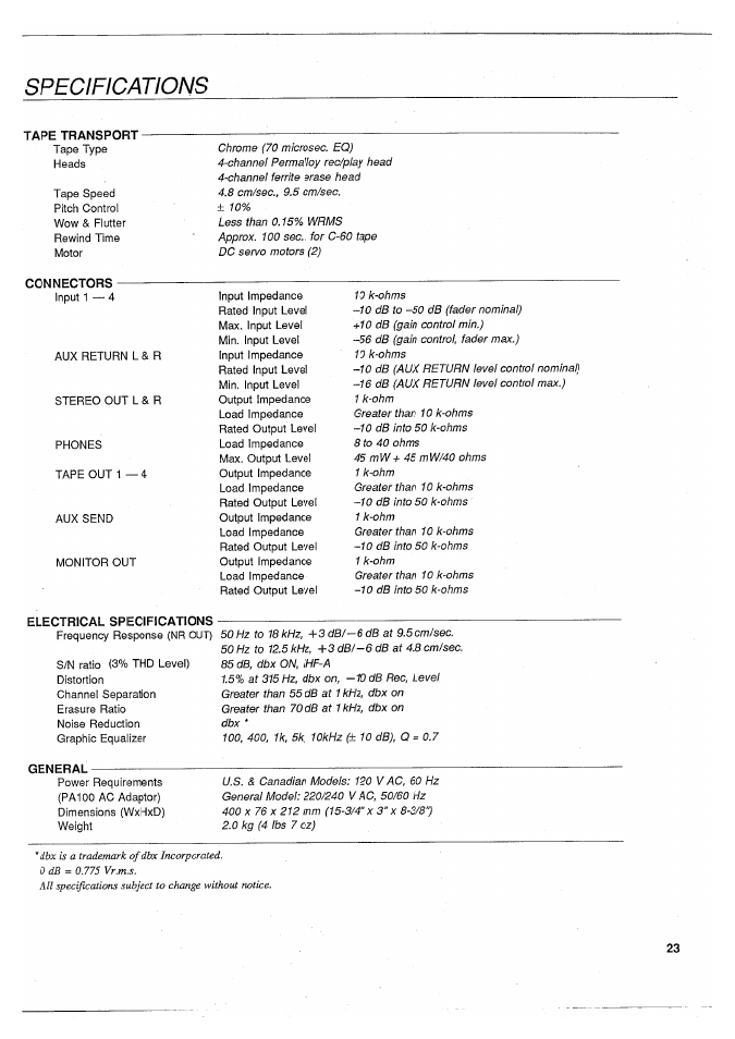 Specifications, Tape transport, Electrical specifications | General | Yamaha MT100II User Manual | Page 25 / 80